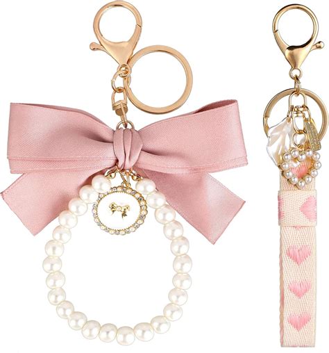 pink pearl chain bow keychain|Pearl Bow Keychain .